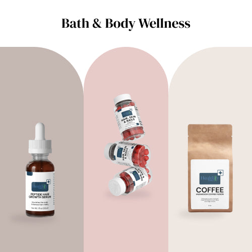 Bath and body wellness products including hair growth serum and other items