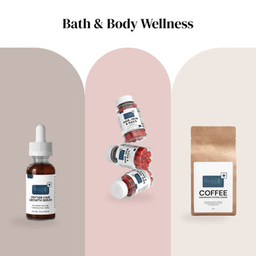 Bath and body wellness products including hair growth serum and other items