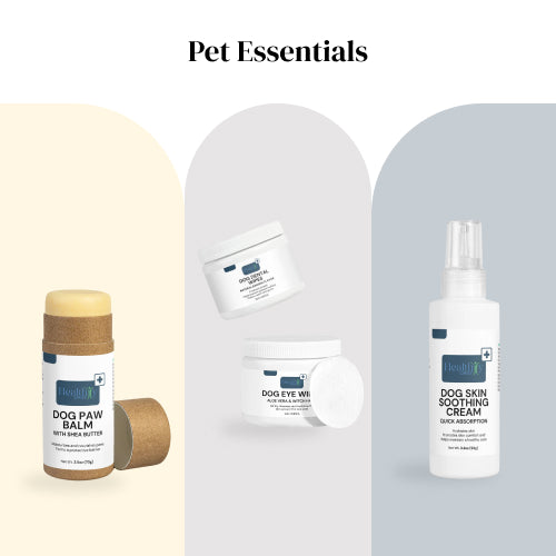 Pet Essentials-Collection of pet care products including a balm, cream, and spray bottle